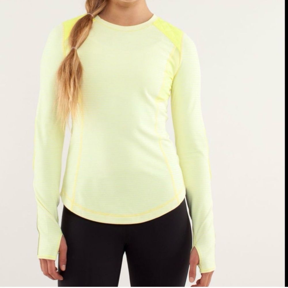 Lululemon women’s yellow striped long sleeve shirt.
